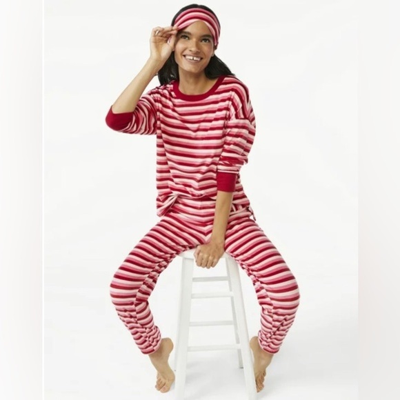 3piece Pink & Red striped Women's Velour Pajama Sleep‎ Set with Eye Mask size M - Picture 2 of 4